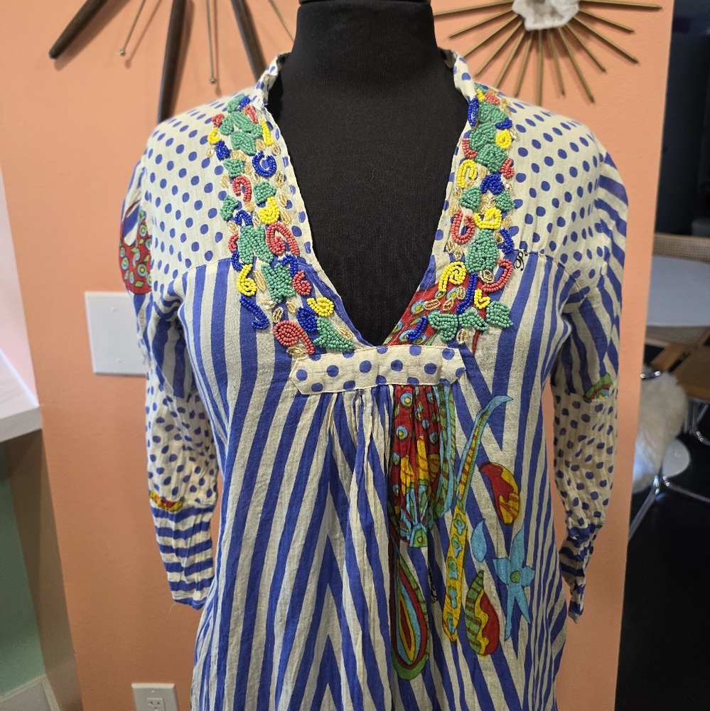 Positano By Jean Paul Small Blue & Cream Beaded Embellished V-Neck Tunic Top - Picture 3 of 16
